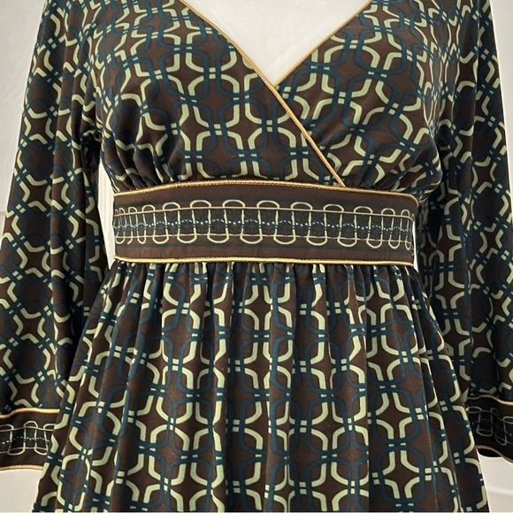 MSSP Max Studio Babydoll Smock Top XS Brown Green Geometric‎ Empire Waist Y2K - Picture 5 of 8